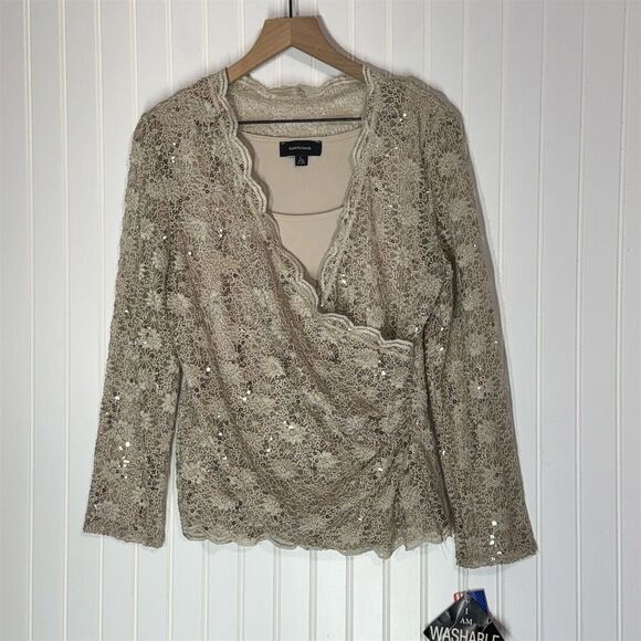 R&M Richards L Sequin Lace Wrap Top NWT Beige Gold Scalloped USA Long Sleeve - Picture 1 of 11